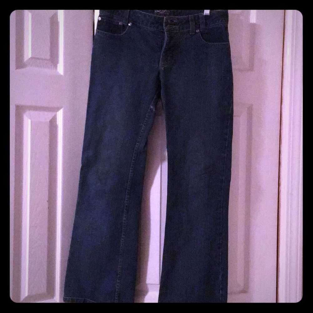 Low denim button fly straight leg jeans